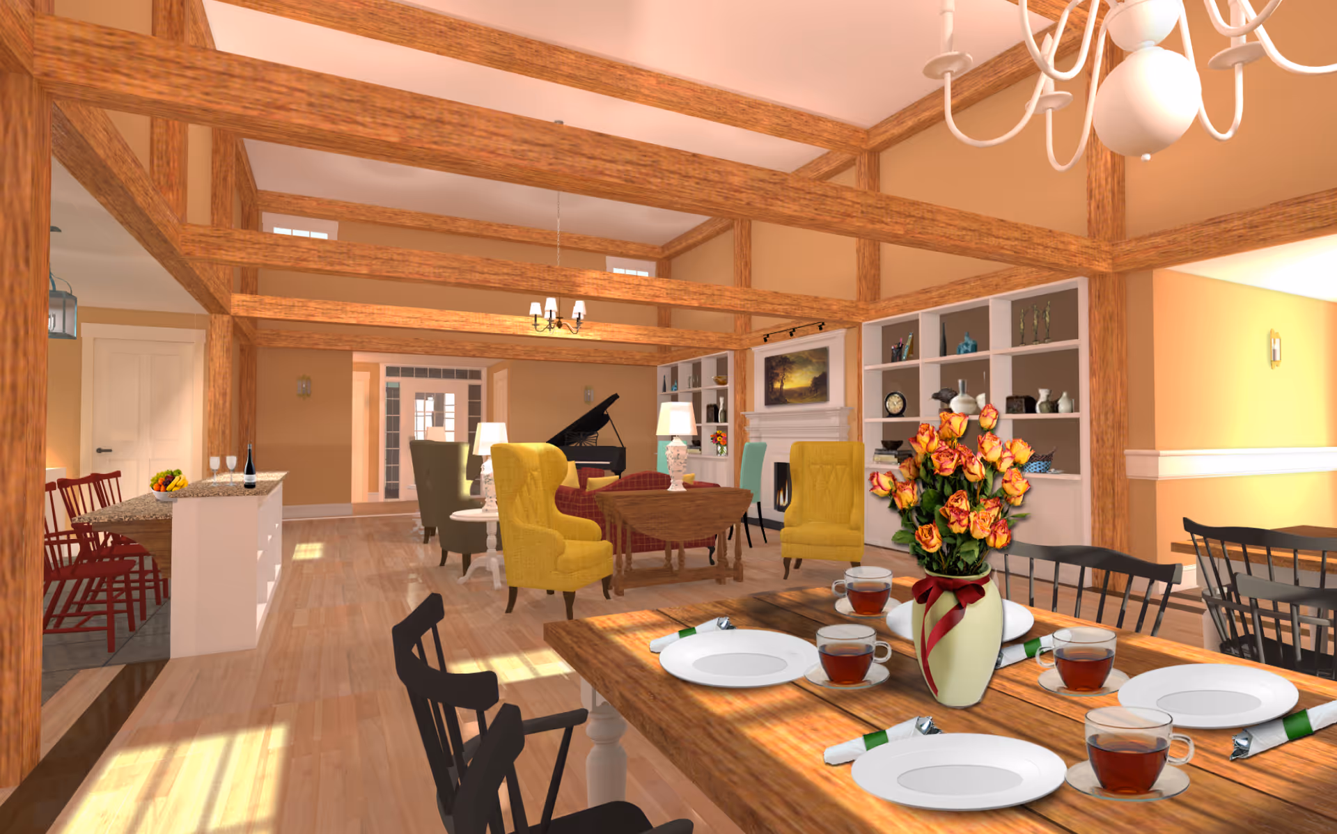 Open-plan dining and living room with a set dining table topped with tea cups and a vase of flowers, exposed wooden beams, armchairs, and a piano in the background.