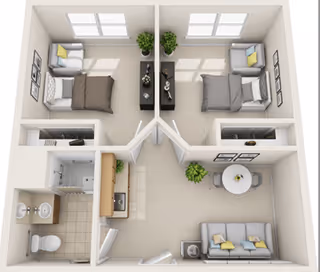 3D rendered top-down floor plan of a two-bedroom assisted living apartment with a shared living/dining area, kitchenette, and bathroom.