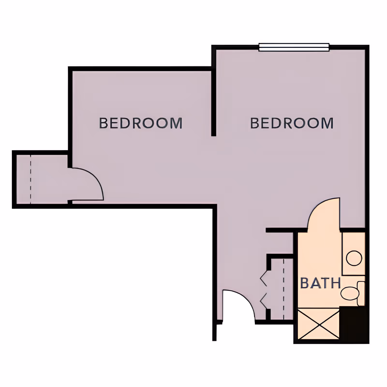 Floor plan showing two bedrooms and one bathroom. The layout includes two labeled bedroom areas and a bathroom with a toilet, sink, and shower.