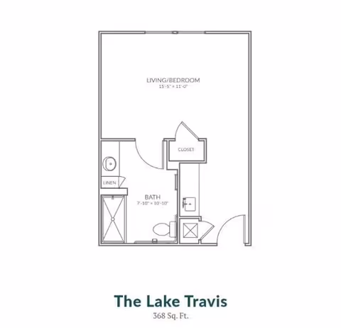 Floor plan of a studio apartment named The Lake Travis with a total area of 368 square feet. The layout includes a combined living and bedroom area measuring 15 feet 5 inches by 11 feet 0 inches, a bathroom measuring 7 feet 10 inches by 10 feet 10 inches with a toilet, shower, and linen closet, and a separate closet near the entrance.