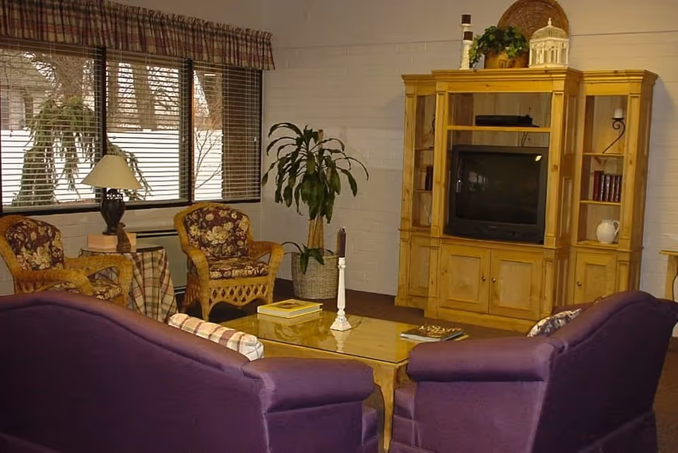 A cozy living room with two purple upholstered chairs facing a wooden entertainment center with a TV. There are two wicker chairs with floral cushions near a window with blinds, a small table with a lamp, a potted plant, and a wooden coffee table with books and a candle holder.