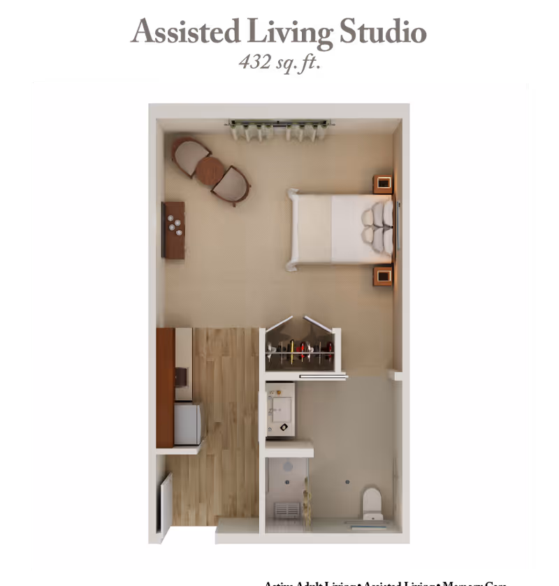 Floor plan of an assisted living studio apartment measuring 432 square feet, showing a combined living and sleeping area with a bed, two chairs and a small table, a kitchenette with appliances, a closet, and a bathroom with a shower and toilet.