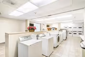 Bright communal laundry room with multiple washing machines and dryers, a folding counter, and potted plants.