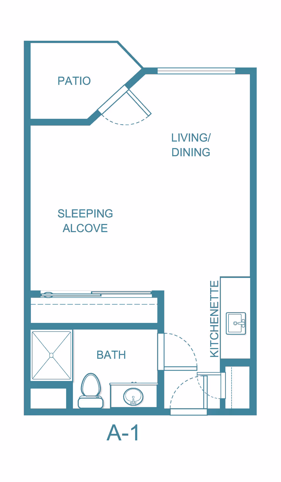 Floor plan labeled A-1 of a studio apartment showing a patio, sleeping alcove, living/dining area, kitchenette, and bathroom.