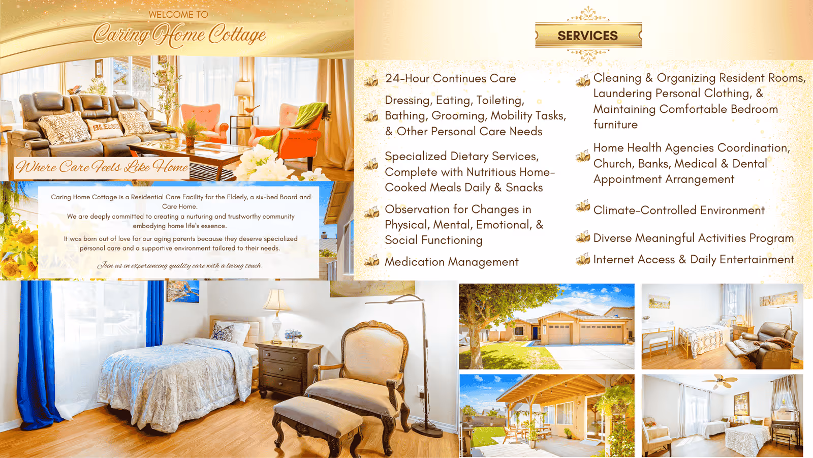 Collage image showcasing Caring Home Cottage, a residential care facility for the elderly. The top left shows a cozy living room with a sofa, armchairs, and a coffee table. Below it is a bedroom with a single bed, nightstand, and an armchair with an ottoman. The right side lists services including 24-hour care, dietary services, medication management, cleaning, appointment coordination, climate control, activities, and internet access. Additional smaller images show the exterior of the building, a patio area, and other bedrooms with beds and seating. The overall design uses warm tones and gold accents.