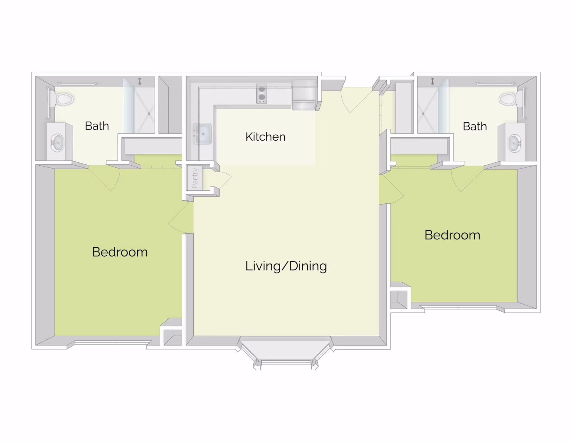 Floor plan of an apartment at Suffield by the River showing two bedrooms, two bathrooms, a kitchen, and a combined living and dining area with a pantry.