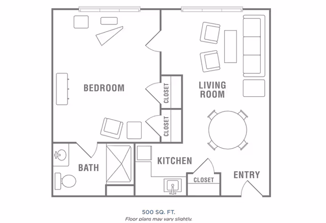 Floor plan of a 500 square foot apartment at Morningside of Wilmington showing a bedroom with two closets, a bathroom with a toilet and sink, a kitchen with a sink, a living room with a sofa, two chairs, a coffee table, and a dining table with four chairs, and an entry area with a closet.