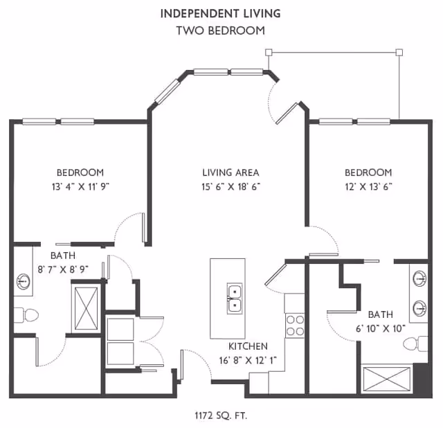 Floor plan of an independent living two-bedroom apartment at Traditions at Camargo, showing two bedrooms, two bathrooms, a living area, and a kitchen with dimensions and layout details.