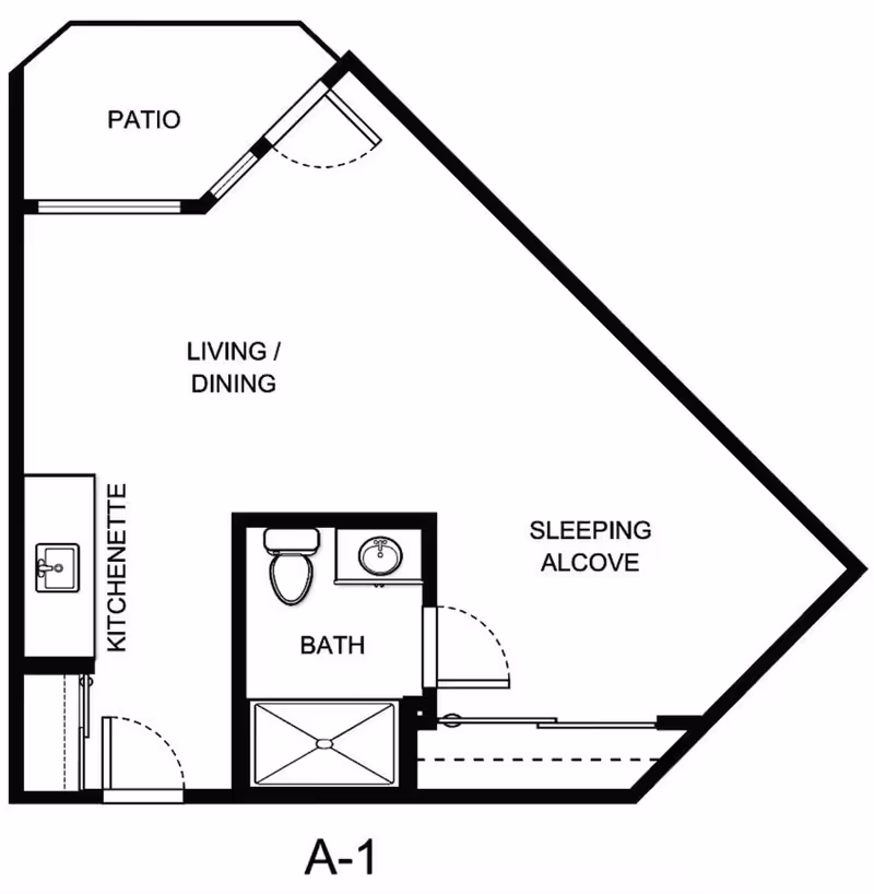 Black-and-white floor plan labeled A-1 showing a studio layout with living/dining area, sleeping alcove, kitchenette, bath, and patio.