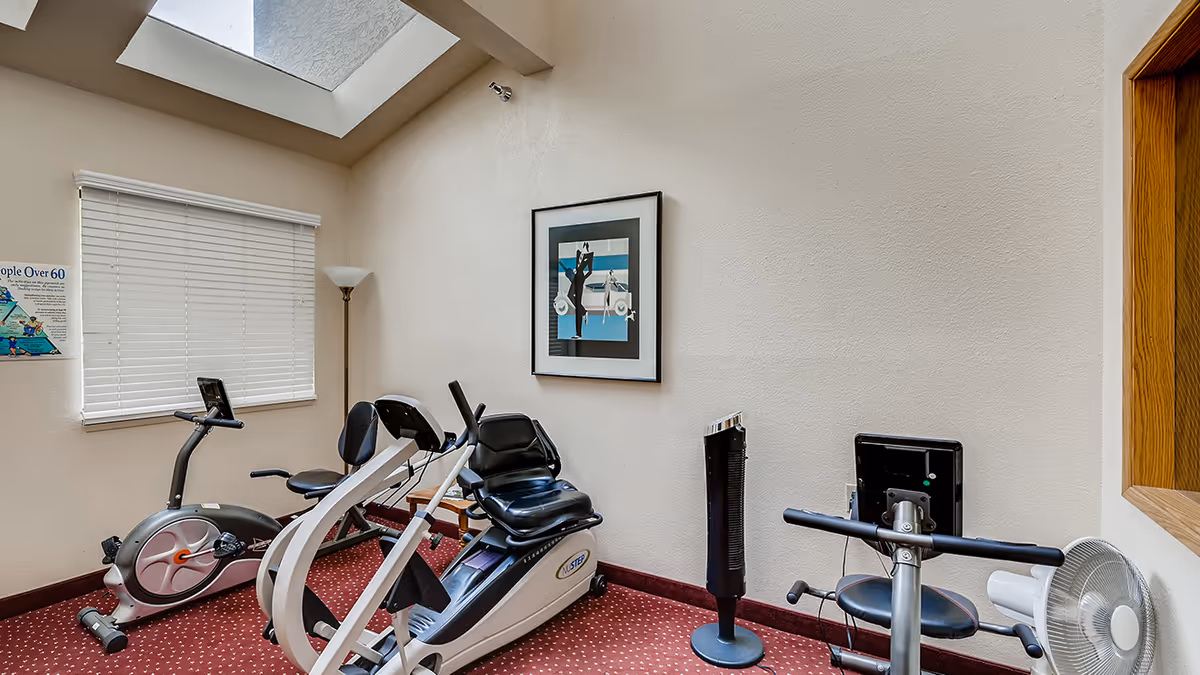A small exercise room with two stationary bikes and one elliptical machine on a red carpeted floor. The room has beige walls, a window with closed blinds, a floor lamp, a framed abstract artwork on the wall, a tall black fan, and a white oscillating fan. There is a skylight in the ceiling allowing natural light into the room.