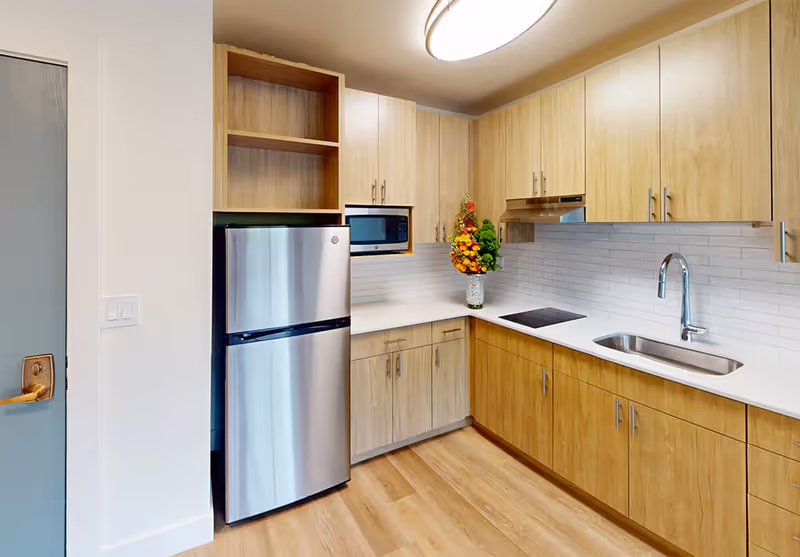 Modern kitchenette with stainless steel refrigerator, microwave, sink, induction cooktop, light wood cabinets and a vase of flowers on the countertop.