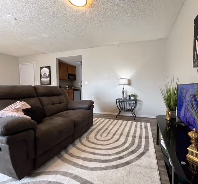 Cozy living room with brown sofa, rug, TV, and open kitchen area in background.