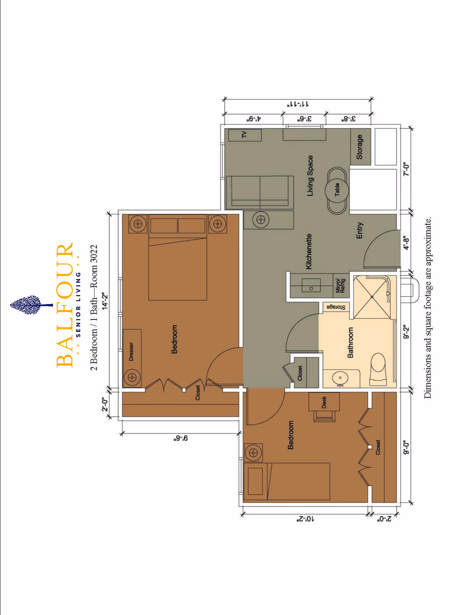 Floor plan of a 2 bedroom, 1 bathroom senior living apartment at Balfour Louisville Campus, Room 3022. The layout includes two bedrooms, a bathroom, a kitchenette, a living space with a table and TV, storage areas, and an entryway. Dimensions and furniture placements are indicated.