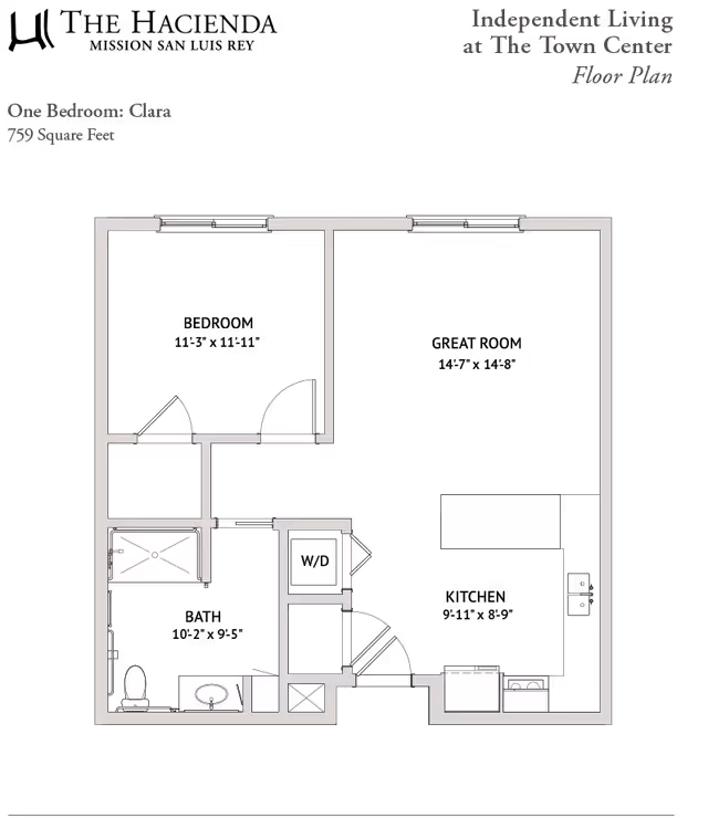 Black-background floor plan of a one-bedroom apartment labeled 'One Bedroom: Clara' showing rooms, a bathroom, kitchen area, and a W/D closet.