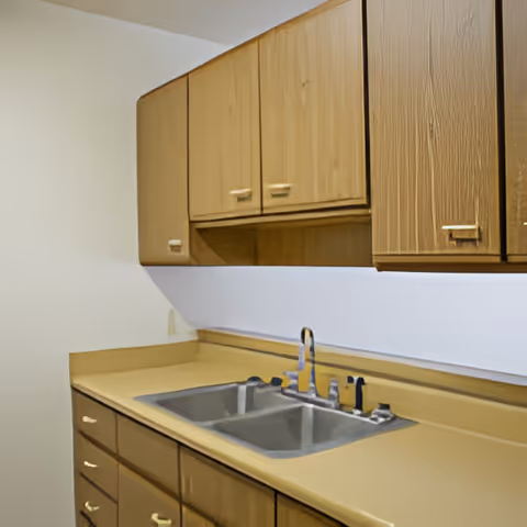 A kitchen area with wooden cabinets above and below a beige countertop. The countertop features a double stainless steel sink with a faucet and handles. The walls are plain and light-colored.