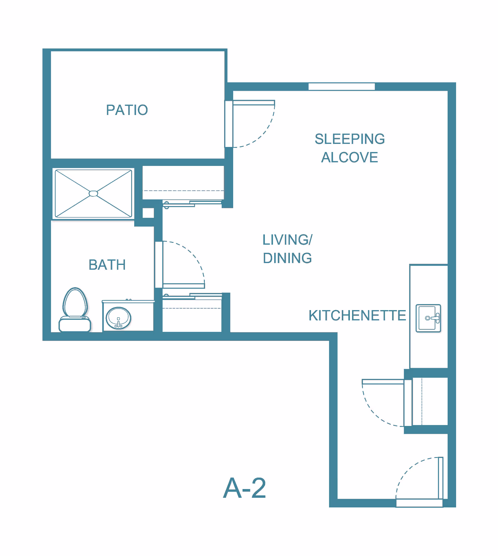 Floor plan labeled A-2 showing a layout with a patio, bath, sleeping alcove, living/dining area, and kitchenette.