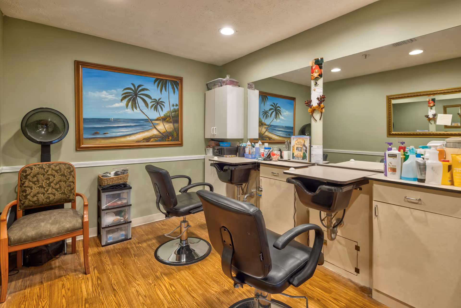 Interior of a salon area with two black salon chairs in front of a counter with sinks and various hair care products. There is a large mirror on the wall, a framed painting of a beach scene with palm trees, a patterned armchair, and a hair dryer hood in the corner. The walls are painted light green and the floor is wooden.