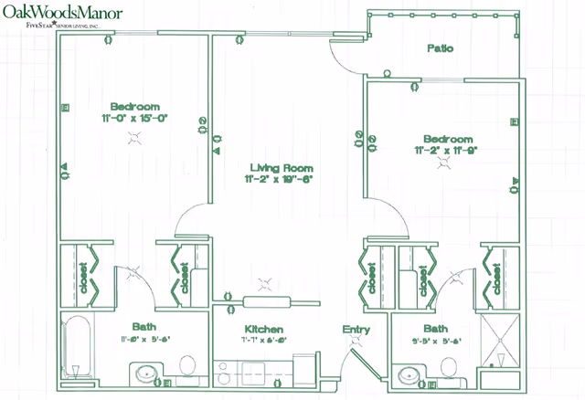 Blueprint-style floor plan of a two-bedroom, two-bath apartment with living room, kitchen, entry and patio.