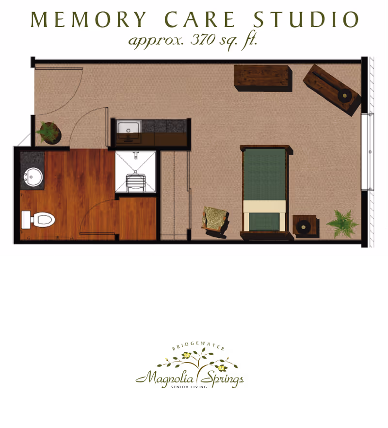 Floor plan of a Memory Care Studio approximately 370 square feet, showing a layout with a bathroom, kitchenette, and living/sleeping area with furniture including a bed, chair, and tables.