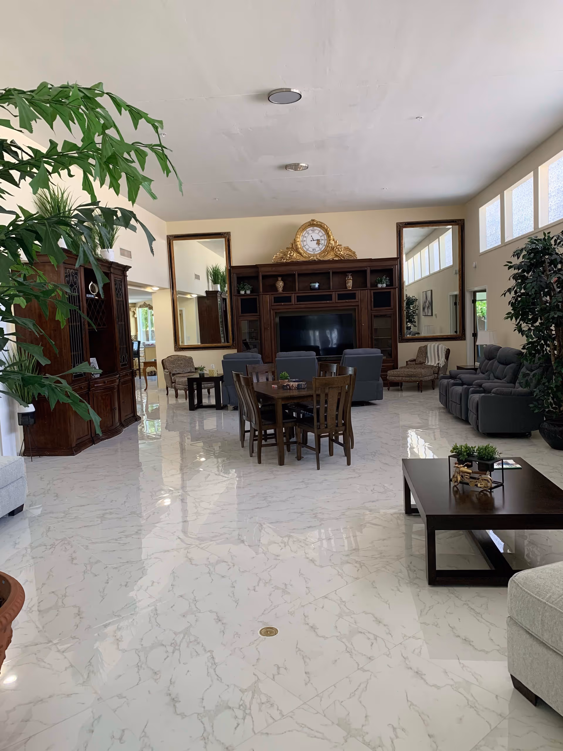 A spacious lobby area with marble flooring, comfortable seating, a dining table, and decorative plants. A large wooden cabinet and a wall-mounted television are visible, along with mirrors and a clock on the wall.