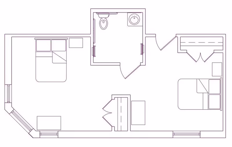 Architectural floor plan showing a layout with two bedrooms, a bathroom, and closets. The plan includes two beds, a toilet, a sink, and several doors and windows.