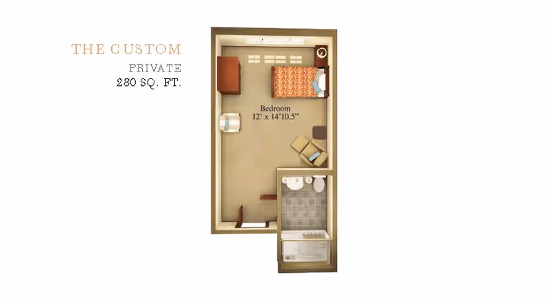 Floor plan of a private senior living unit named The Custom, featuring a 12 by 14 feet bedroom with a bed, armchair, and dresser, and an attached bathroom with a shower, toilet, and sink.