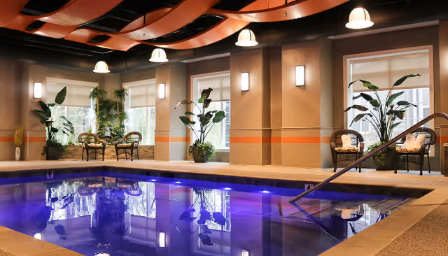 Indoor swimming pool area with purple-lit water, lounge chairs, large potted plants, and a decorative ceiling.
