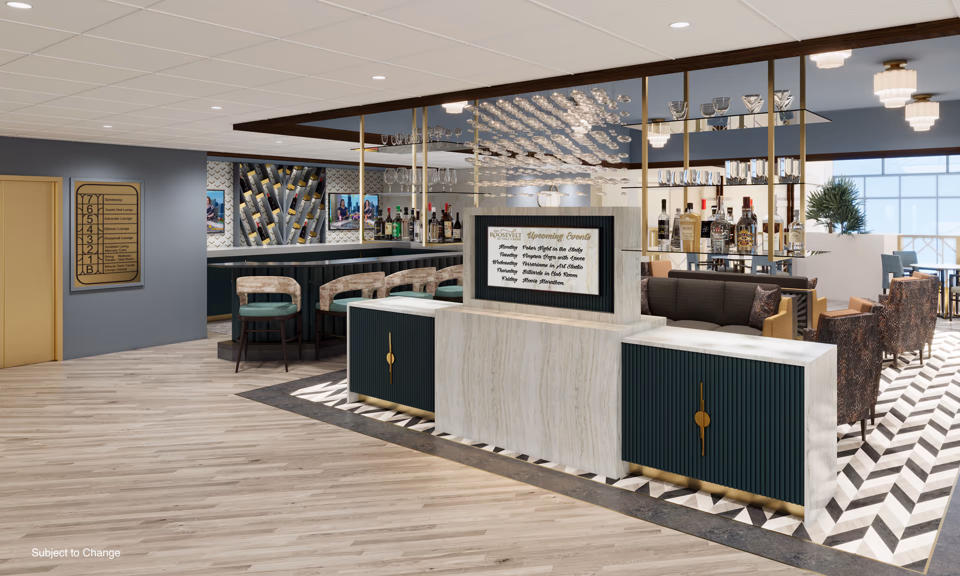 Interior view of a stylish lounge area at The Roosevelt at Salt Creek featuring a modern bar with stools, a display of liquor bottles, a seating area with armchairs and sofas, and a sign listing upcoming events. The space has a mix of wood and patterned flooring, decorative lighting, and a contemporary design.