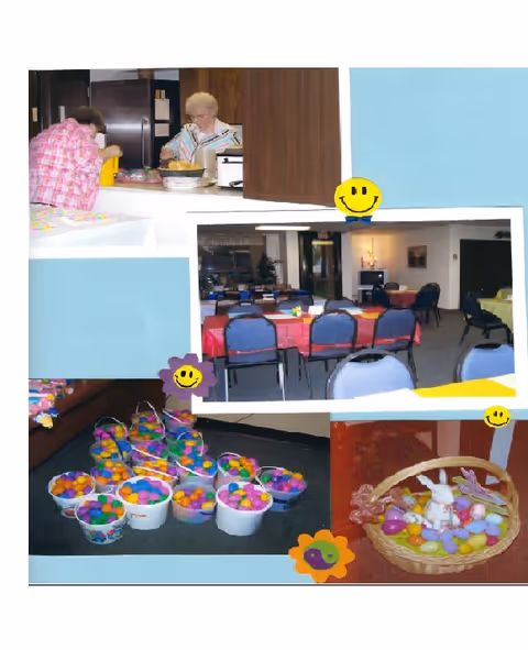 Community activity/dining area with tables and chairs set up, baskets of colorful plastic eggs, and two women at a serving counter.