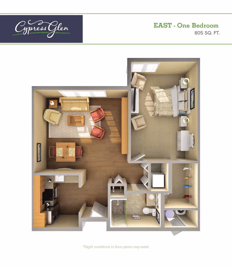 Floor plan of Cypress Glen Retirement Community's East one-bedroom apartment, 805 square feet, showing a living room with sofa, two chairs, coffee table, and dining table; a kitchen with appliances; a bedroom with bed, two chairs, dresser, and nightstands; a bathroom with shower and toilet; and a walk-in closet with washer and dryer.