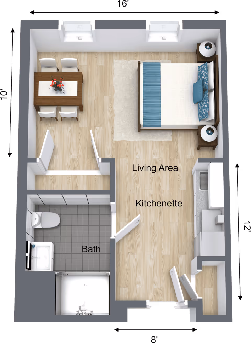Top-down floor plan of a studio apartment showing a living area with a bed and dining table, a kitchenette along one wall, and a separate bath.
