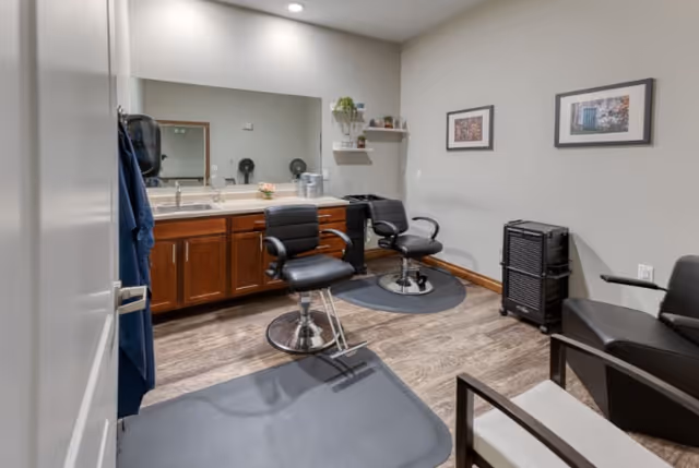 Interior view of a small salon or grooming room with two black salon chairs on mats, a wooden cabinet with a countertop and sink, a large mirror above the sink, two framed pictures on the wall, and additional seating including a black armchair and a wooden chair with cushions.