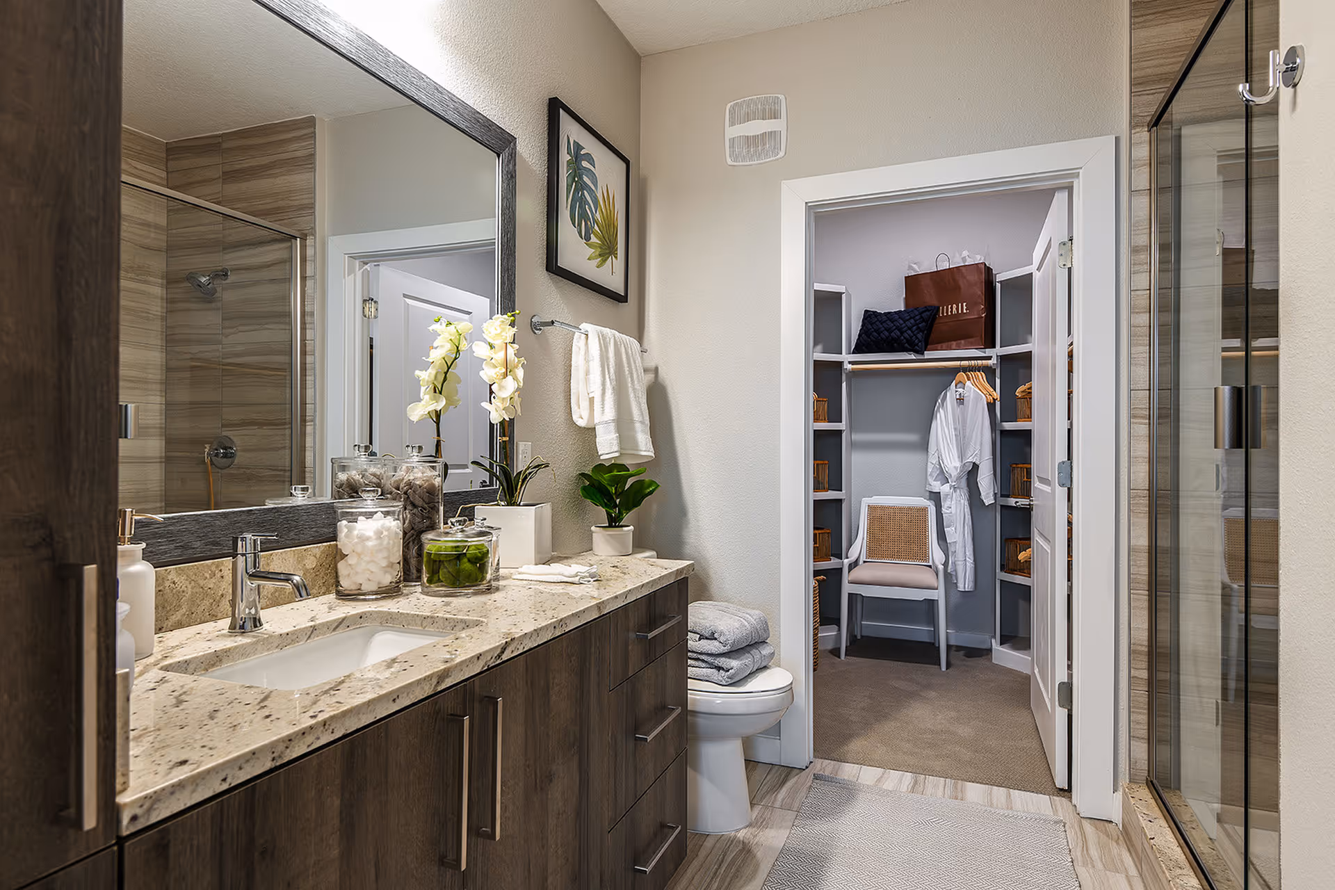 Modern bathroom with a large mirror above a granite countertop sink, wooden cabinets, a glass-enclosed shower, and a toilet. The bathroom opens into a walk-in closet with shelves, a chair, and hanging clothes. The walls are light-colored, and there are decorative plants and jars on the countertop.
