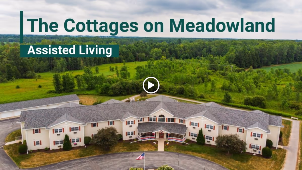 Aerial view of The Cottages on Meadowland Assisted Living facility, a large two-story building surrounded by green fields and trees under a cloudy sky.