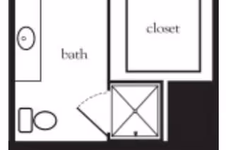Floor plan section showing a bathroom with a toilet, bathtub, and shower, adjacent to a closet.
