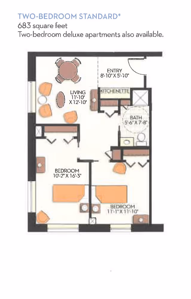 Floor plan of a two-bedroom standard apartment with 683 square feet. The layout includes an entry area, kitchenette, living room with seating and a table, a bathroom, and two bedrooms with beds and furniture.