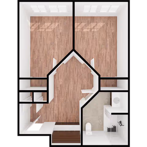 Top-down view of a simple floor plan showing two rooms with wood flooring, a central hallway, and a bathroom with a toilet and sink. The layout includes doors and windows, with the bathroom area having tile flooring.