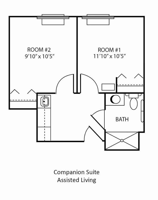 Floor plan of a companion suite for assisted living at Autumn Glen, showing two rooms labeled Room #1 and Room #2 with their dimensions, a shared bathroom, and a small kitchenette area.