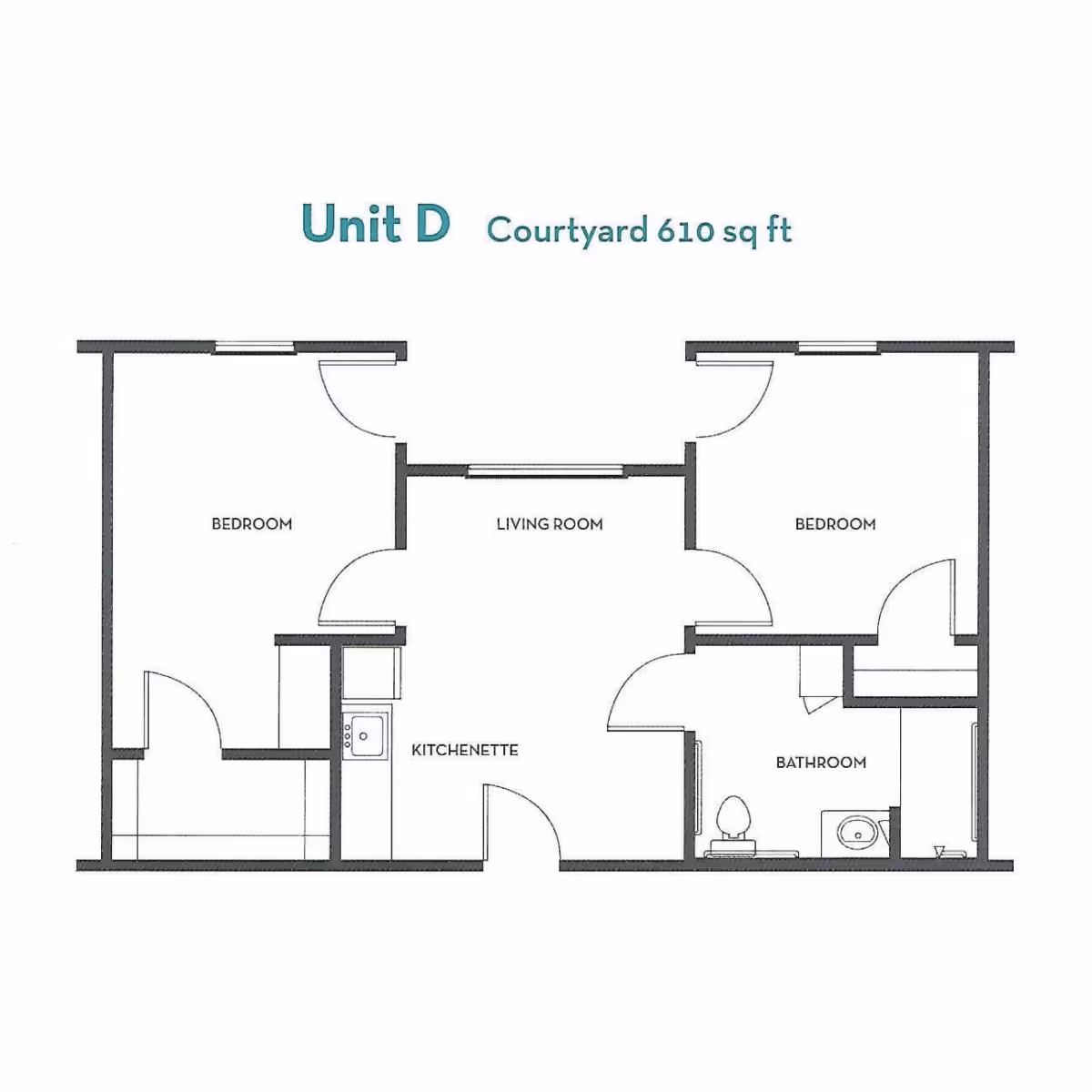 Floor plan of Unit D at Discovery Village Clear Lake showing a courtyard layout with 610 square feet. The layout includes two bedrooms, a living room, a kitchenette, and a bathroom.