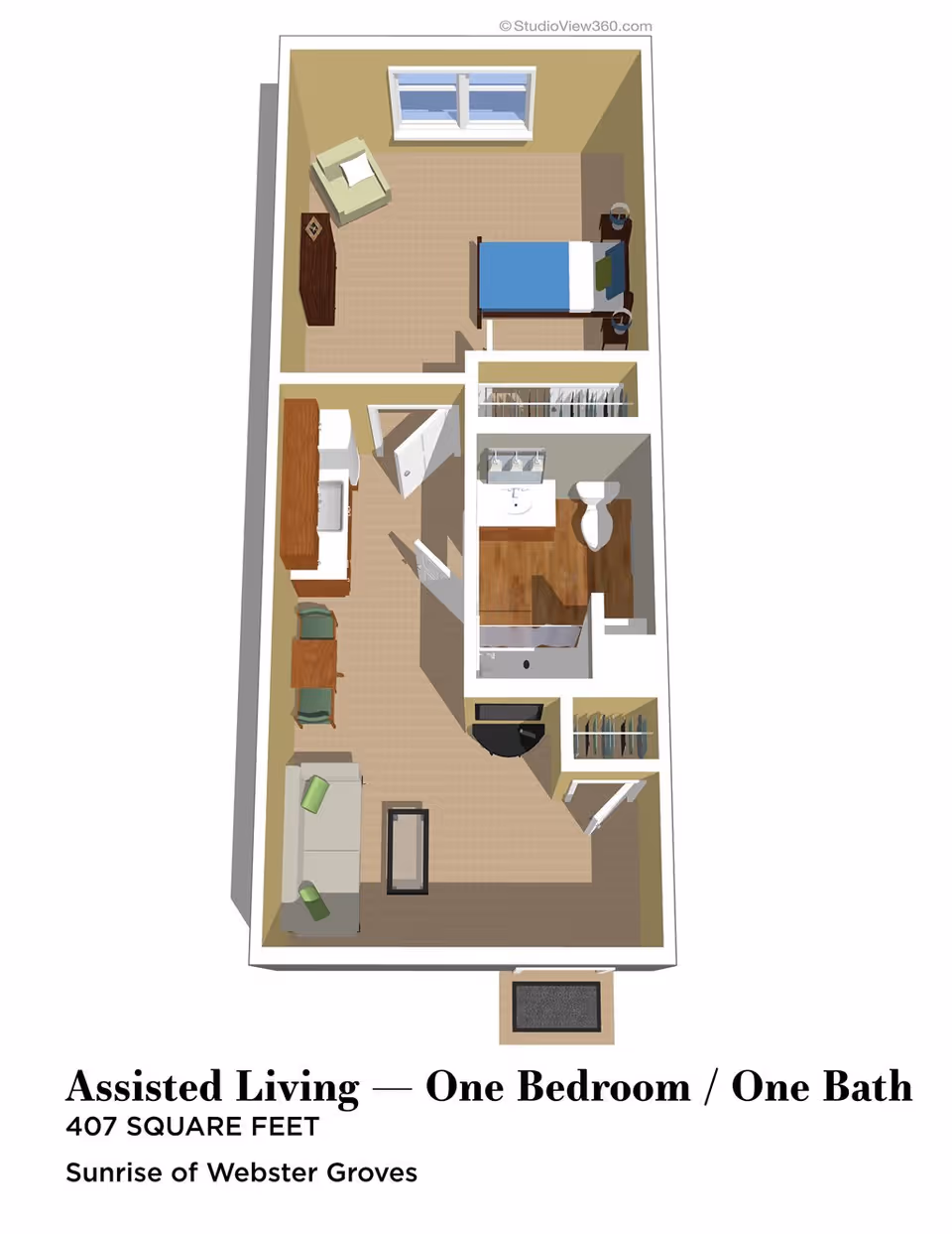 3D floor plan of an assisted living one-bedroom, one-bath apartment with 407 square feet. The layout includes a bedroom with a bed, nightstands, and a chair; a bathroom with a toilet, sink, and shower; a living area with a sofa and coffee table; and a kitchen/dining area with a table, chairs, and cabinetry.