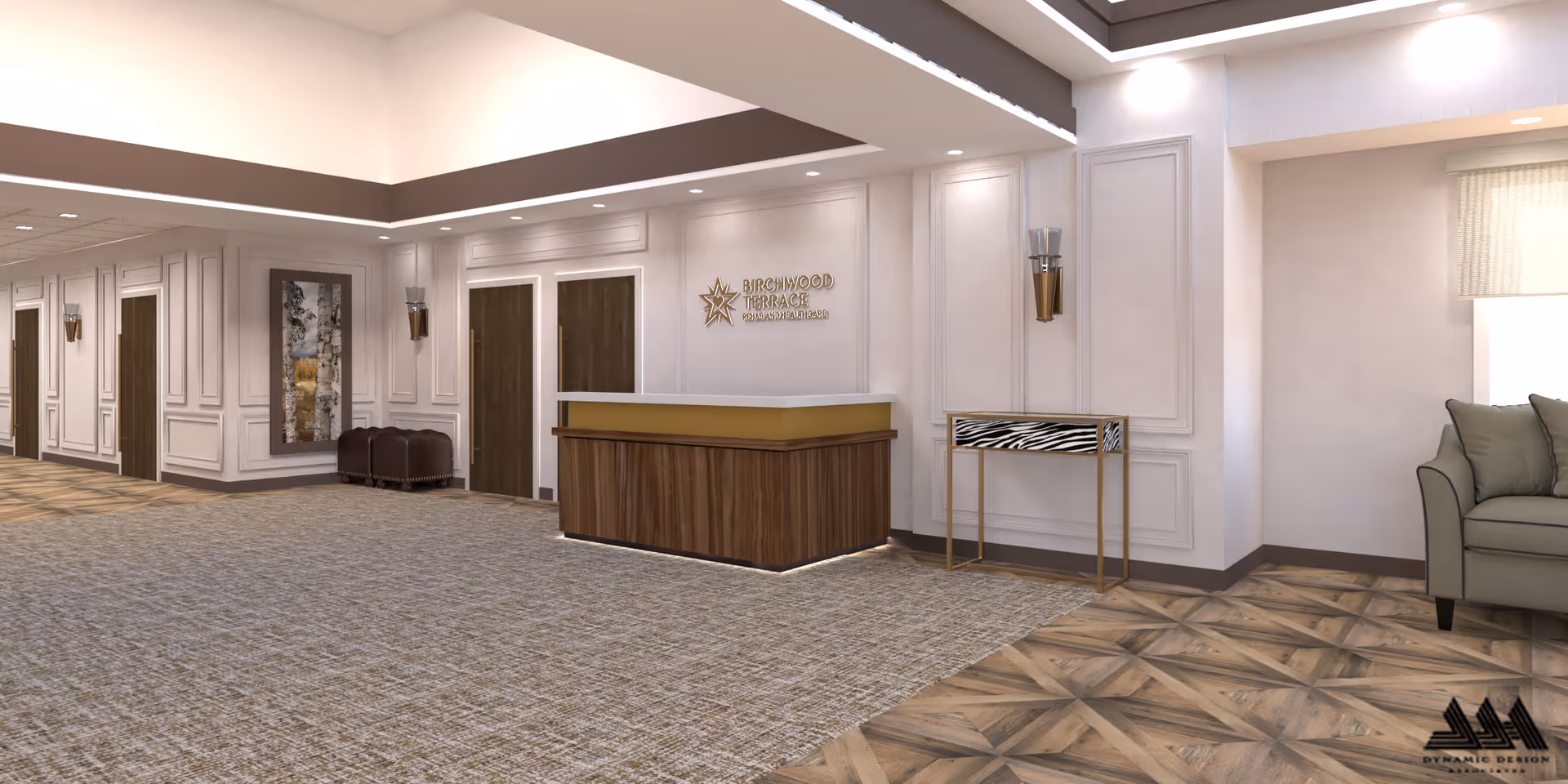 Interior view of Birchwood Terrace Rehab and Healthcare reception area with modern decor.