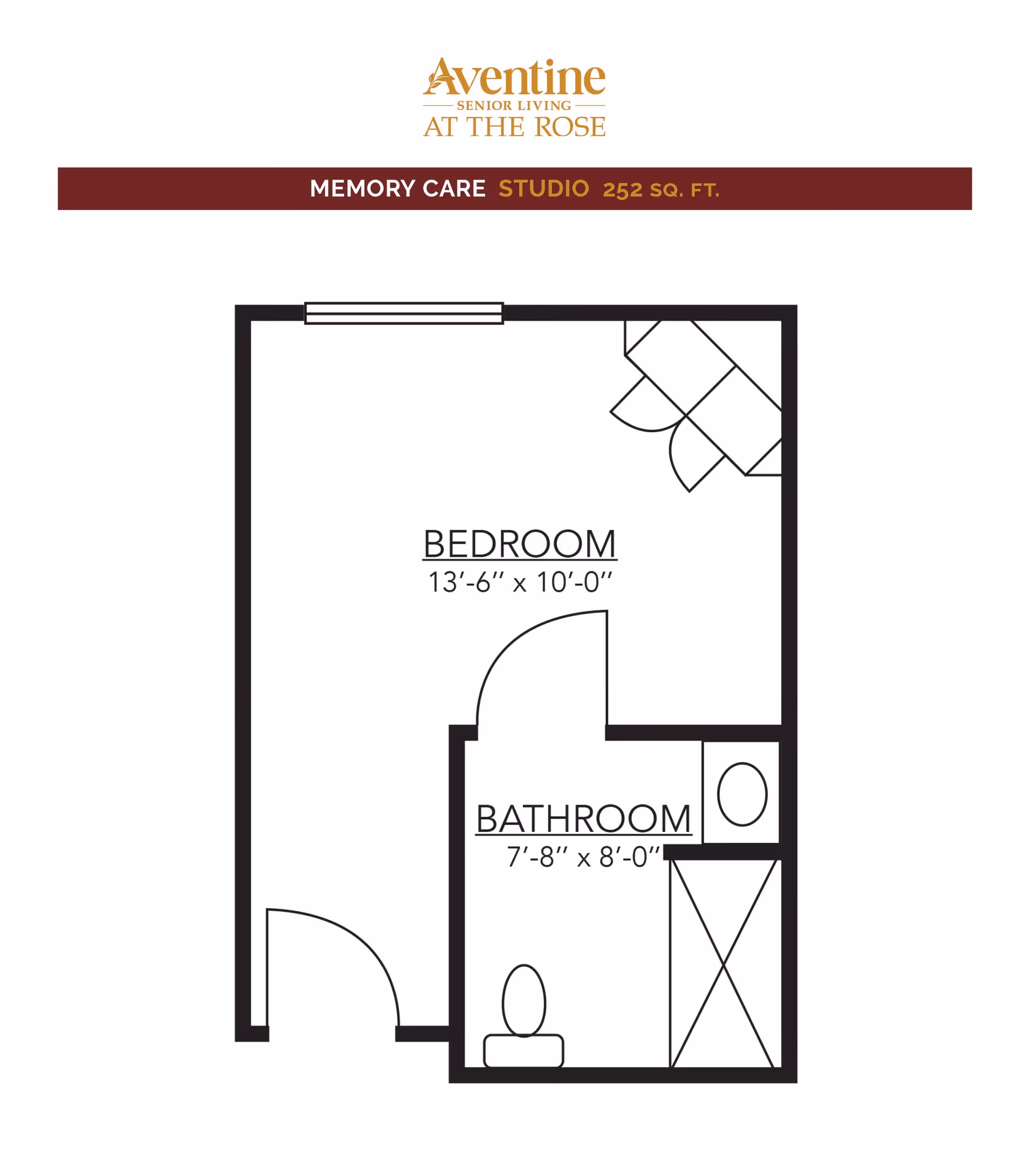 Floor plan of a memory care studio apartment showing a bedroom measuring 13 feet 6 inches by 10 feet and a bathroom measuring 7 feet 8 inches by 8 feet. The layout includes a door to the bedroom, a bathroom with a toilet, sink, and shower, and a closet space in the bedroom.