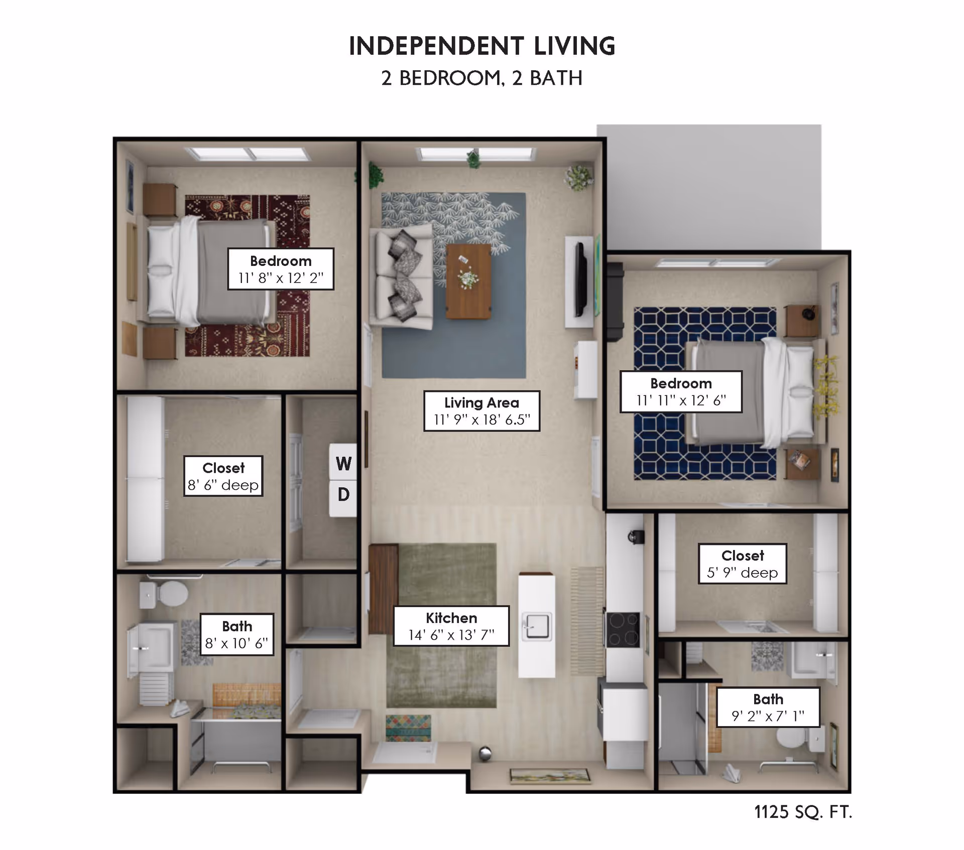 Floor plan of an independent living unit with 2 bedrooms and 2 bathrooms. The layout includes two bedrooms, two closets, two bathrooms, a kitchen, and a living area. Dimensions for each room are labeled, and the total area is 1125 square feet.