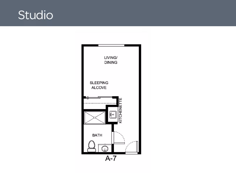 Floor plan of a studio apartment labeled A-7 showing a living/dining area, sleeping alcove, kitchenette, and a bathroom with a toilet and sink.