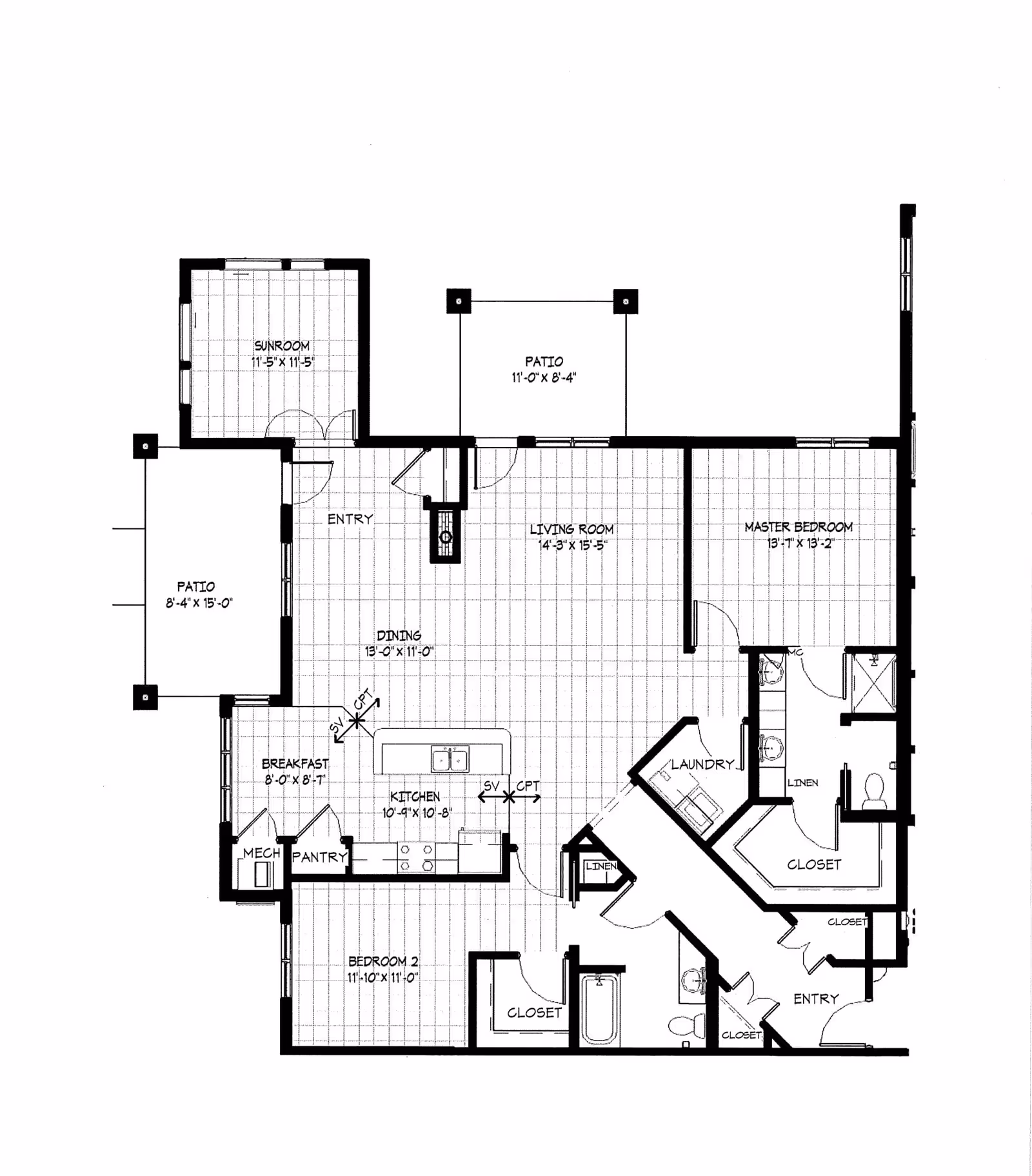 Black-and-white floor plan of a residential unit showing a living room, kitchen, two bedrooms, sunroom, patios, laundry and multiple closets.