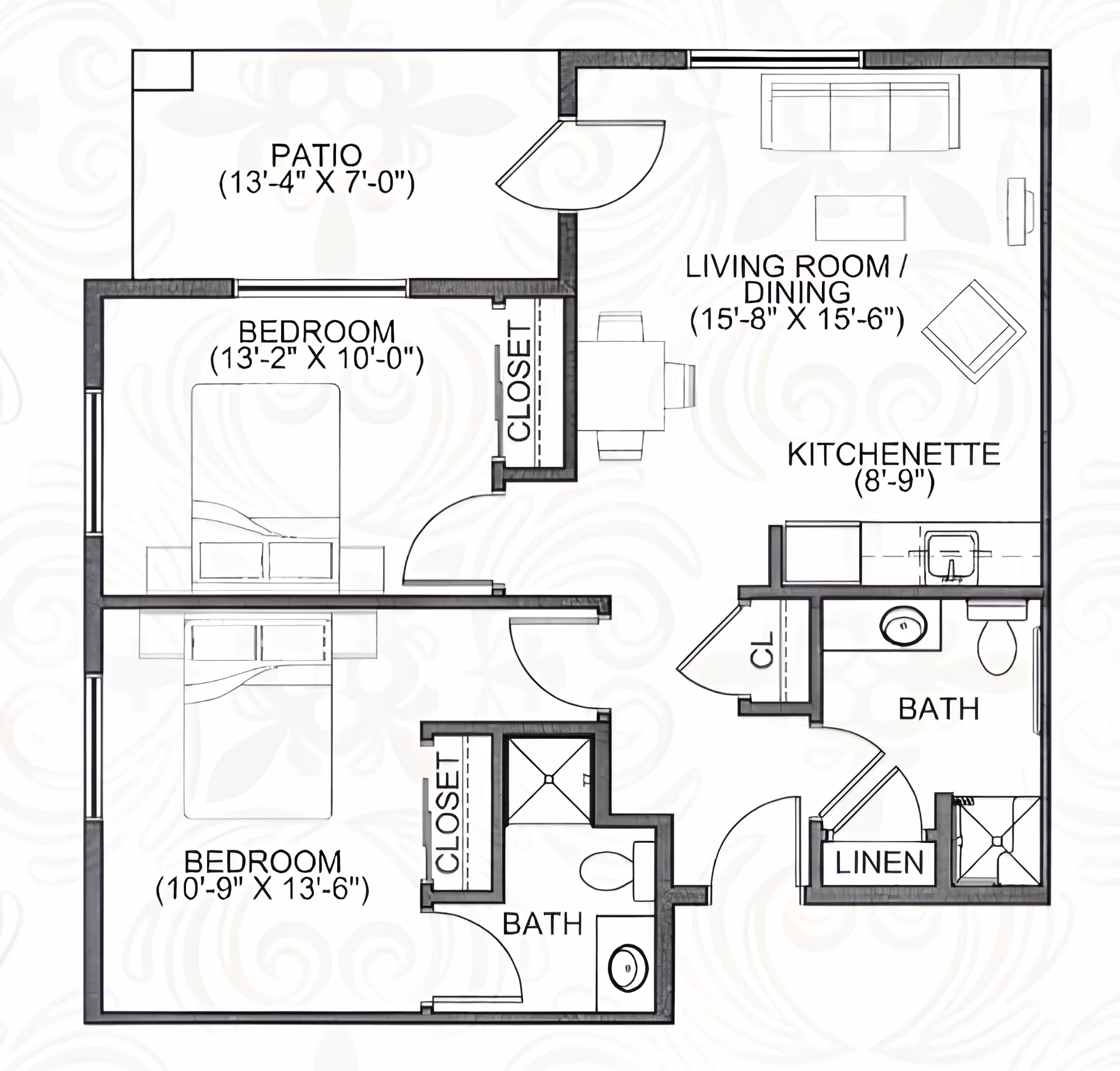 Floor plan of a senior living unit at Heritage Senior Campus showing two bedrooms, two bathrooms, a living room/dining area with kitchenette, a patio, closets, and a linen closet.