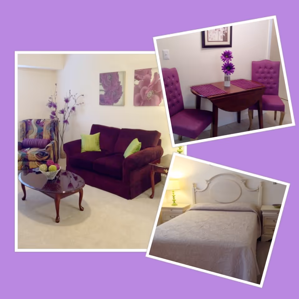 Collage of interior rooms: a living room with a purple sofa and patterned armchair, a dining nook with purple chairs, and a bedroom with a white headboard.