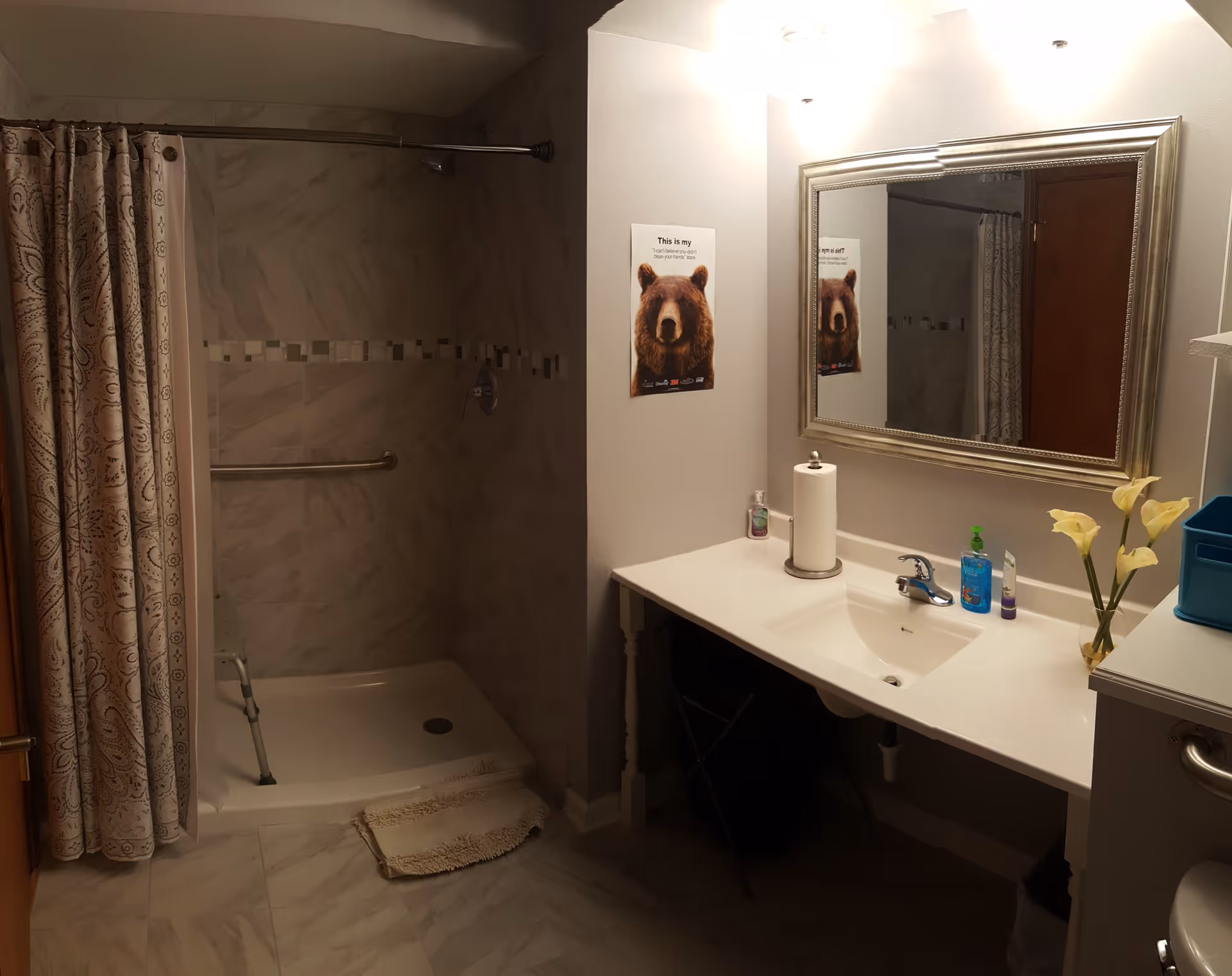 Bathroom with a walk-in shower featuring a patterned shower curtain and a grab bar. A white countertop with a sink, paper towel holder, hand soap, and a small vase with yellow flowers is visible. A large mirror hangs above the sink, and a poster with a bear image is on the wall next to the mirror.