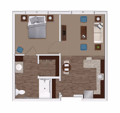 Floor plan of a senior living apartment at The Ashton on Dorsey showing a bedroom with a bed and two nightstands, a living room with a sofa, two chairs, a coffee table, and a TV stand, a kitchen area with countertops, a sink, and appliances, a dining area with a round table and two chairs, and a bathroom with a toilet, sink, and shower.