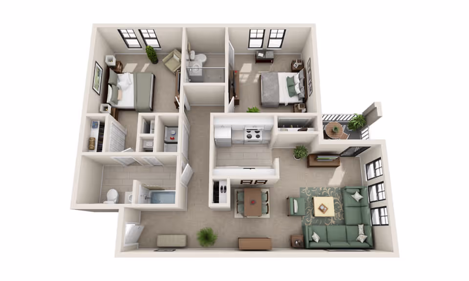3D floor plan of an apartment featuring two bedrooms, two bathrooms, a kitchen, a dining area, a living room with a sectional sofa, and a small balcony with a table and chairs. The bedrooms have beds, nightstands, and windows. The bathrooms include a shower and a bathtub. The kitchen is equipped with appliances and cabinets. The living room has a TV and a coffee table on a rug.